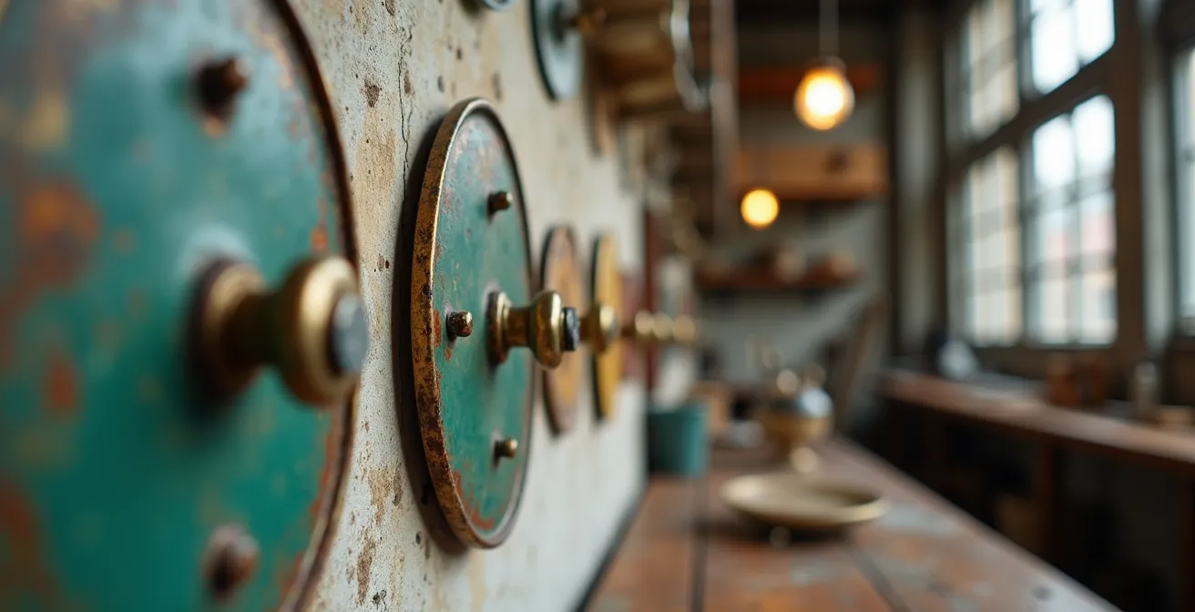 Détail technique du système d'accrochage sécurisé d'une plaque émaillée avec rondelles de protection