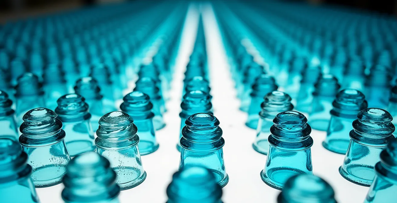 Installation artistique d'isolateurs en verre vintage créant un paysage lumineux