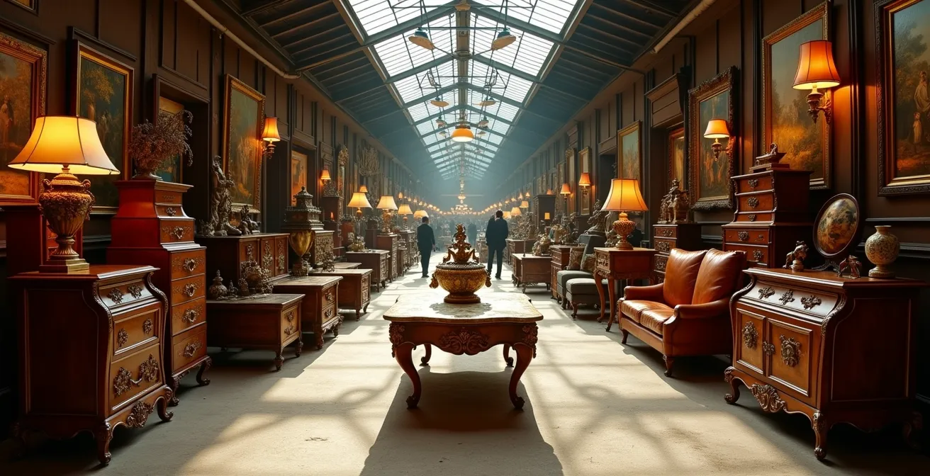 Vue d'ensemble d'un stand d'antiquaire montrant la disposition stratégique des objets