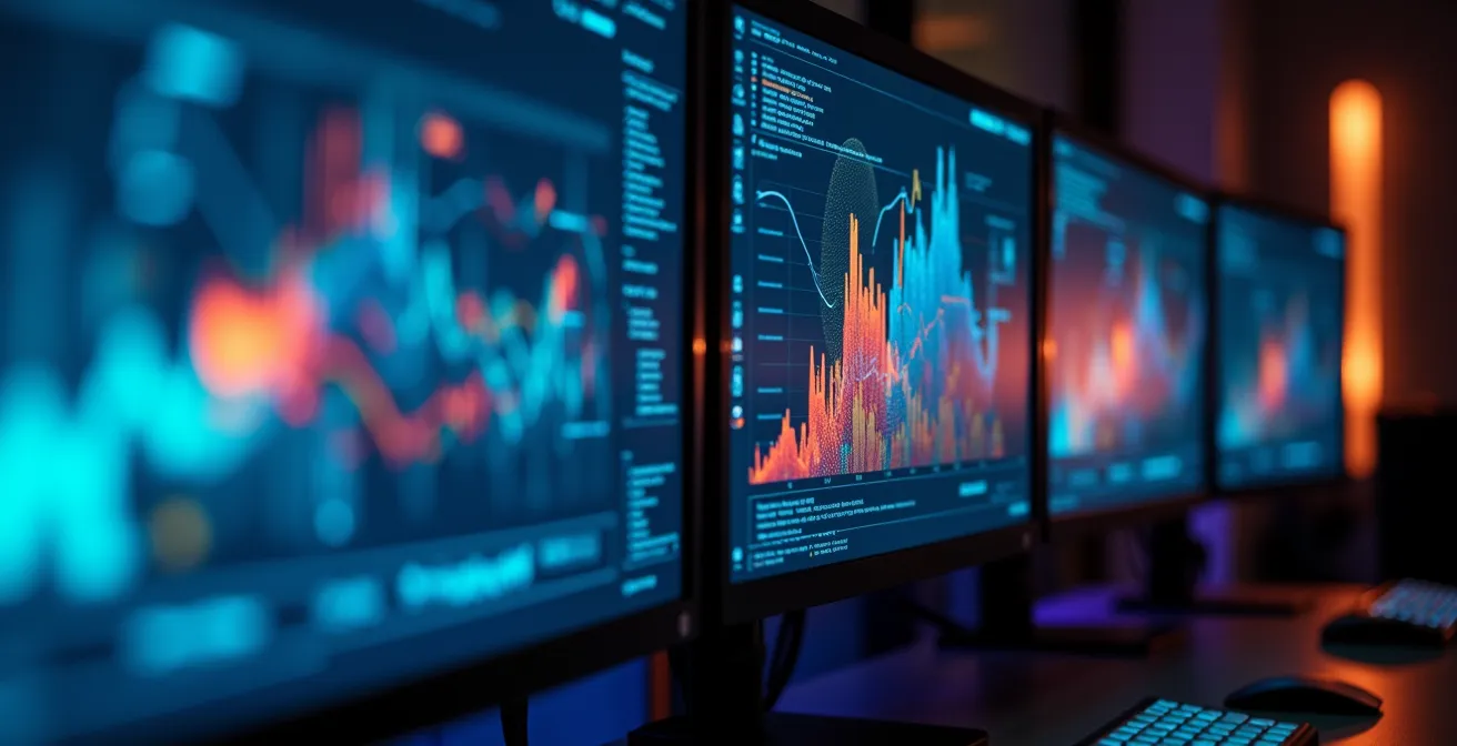 Écrans avec graphiques de marché de l'art vus de côté en angle oblique