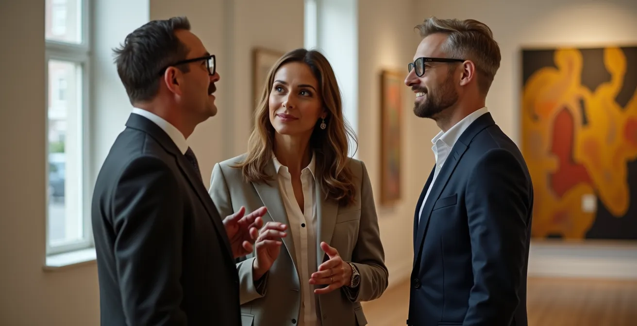 Deux collectionneurs échangeant lors d'un vernissage dans une galerie d'art parisienne