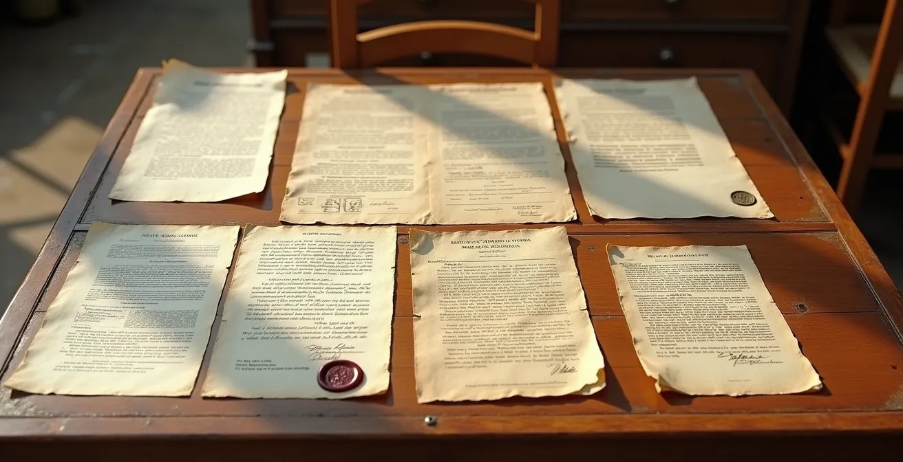 Vue d'ensemble de documents historiques variés disposés sur une table d'archives