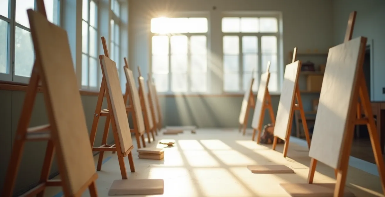 Vue large d'un atelier de restauration baigné de lumière naturelle montrant plusieurs œuvres en phase de repos sur des chevalets