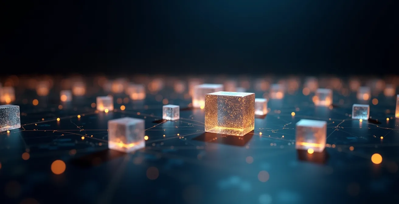 Représentation abstraite d'une chaîne de blocs numériques avec hologrammes flottants dans un espace futuriste