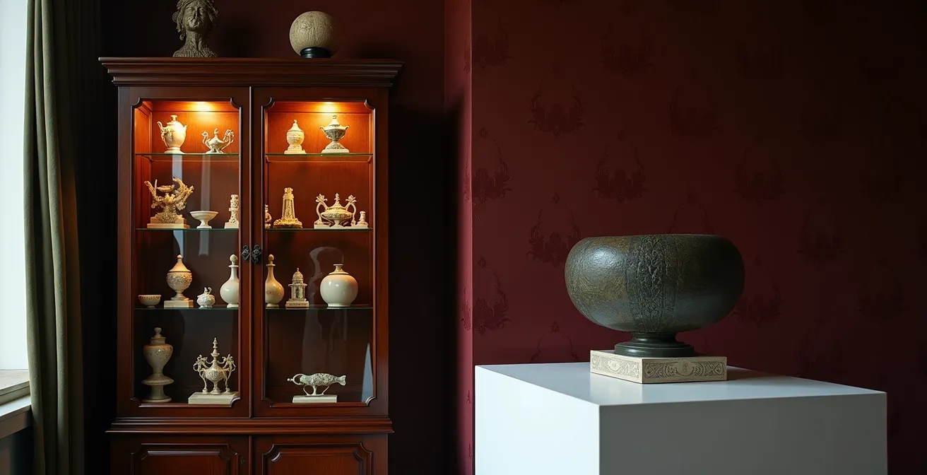 Salon parisien style cabinet de curiosités avec accumulation savante d'objets d'art