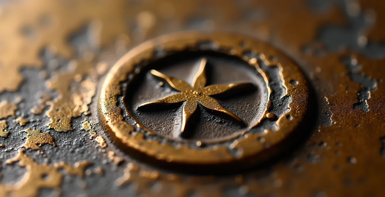 Gros plan macro sur un cachet de fondeur Barbedienne gravé dans le bronze avec patine ancienne