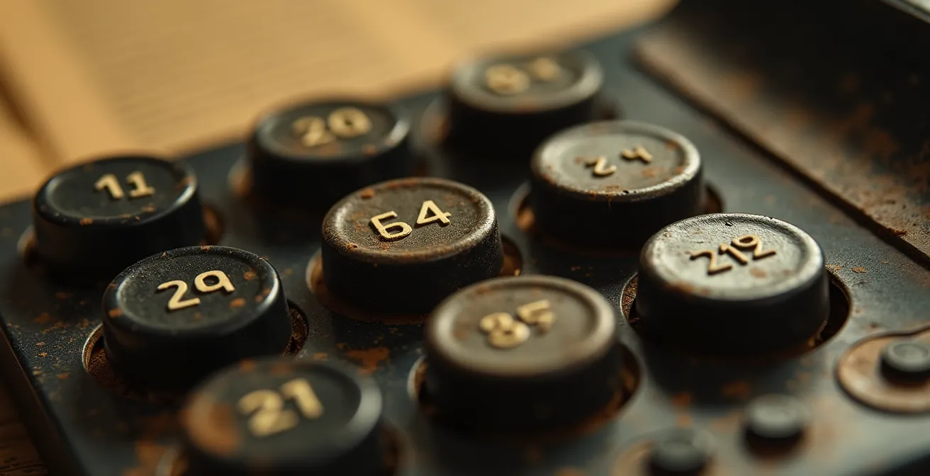 Vue macro d'une calculatrice vintage avec documents flous en arrière-plan