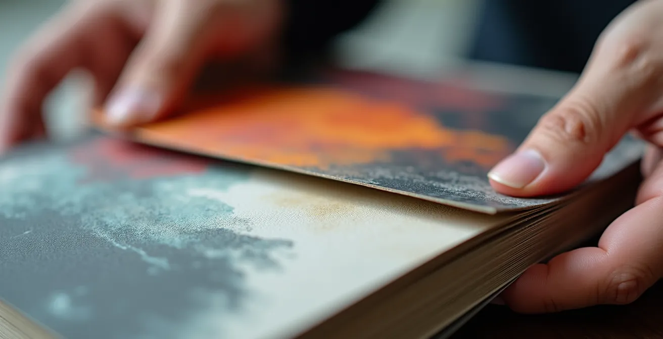 Gros plan sur des mains manipulant un catalogue d'art professionnel