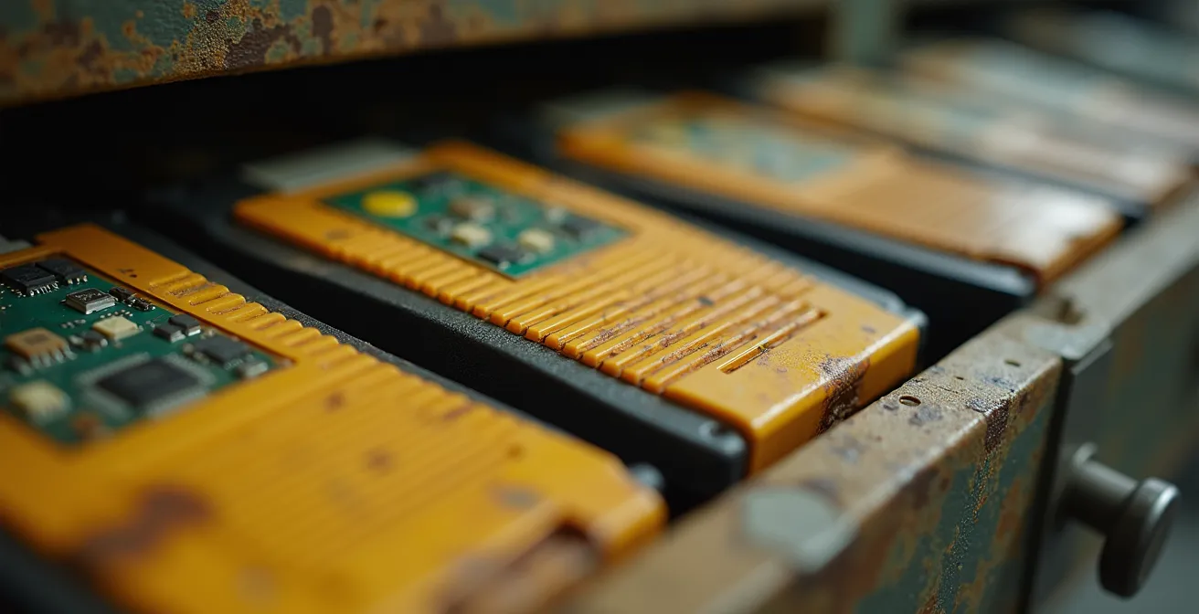 Vue macro d'une collection de cartouches de jeux organisée méthodiquement dans des tiroirs de conservation