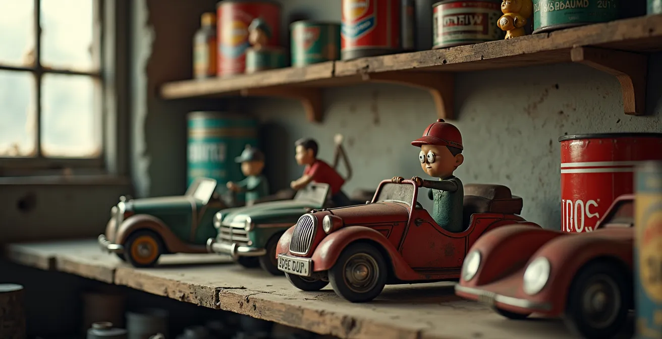 Étagère vintage avec collection de figurines publicitaires de stations-service françaises