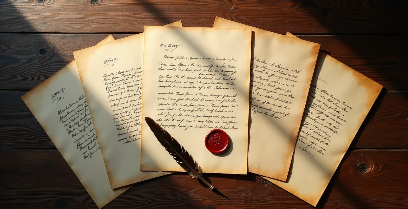 Ensemble de lettres manuscrites du XIXe siècle disposées en éventail sur une table d'époque