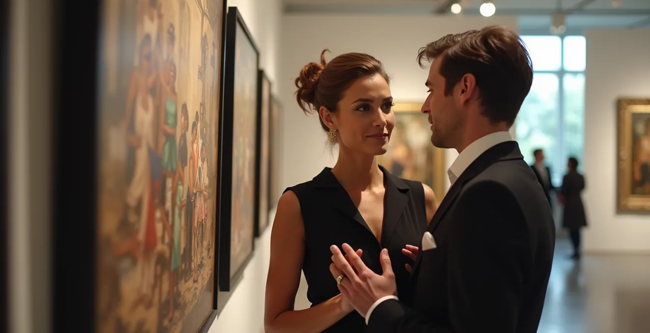 Échange discret entre un galeriste et un collectionneur dans un espace d'art