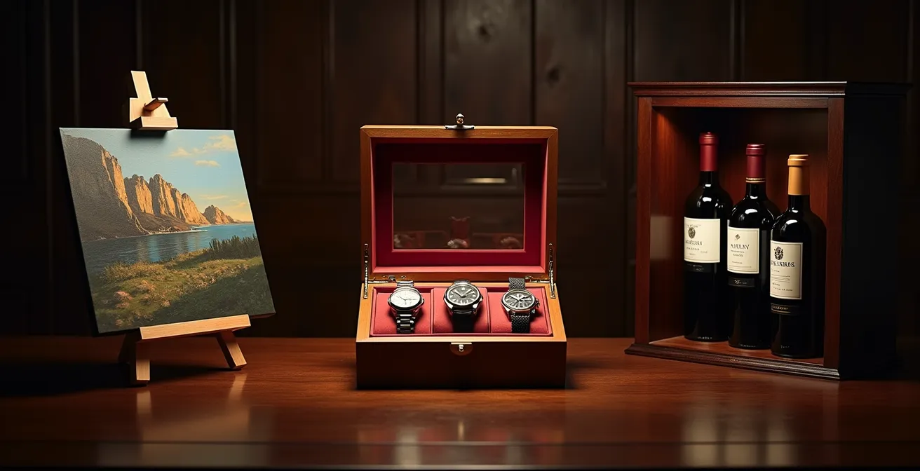 Comparaison visuelle entre art, montres et vin comme actifs tangibles d'investissement
