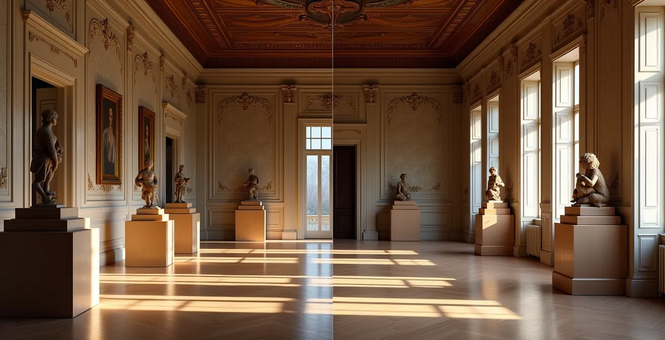 Vue comparative d'une salle de vente parisienne prestigieuse et d'un hôtel des ventes régional