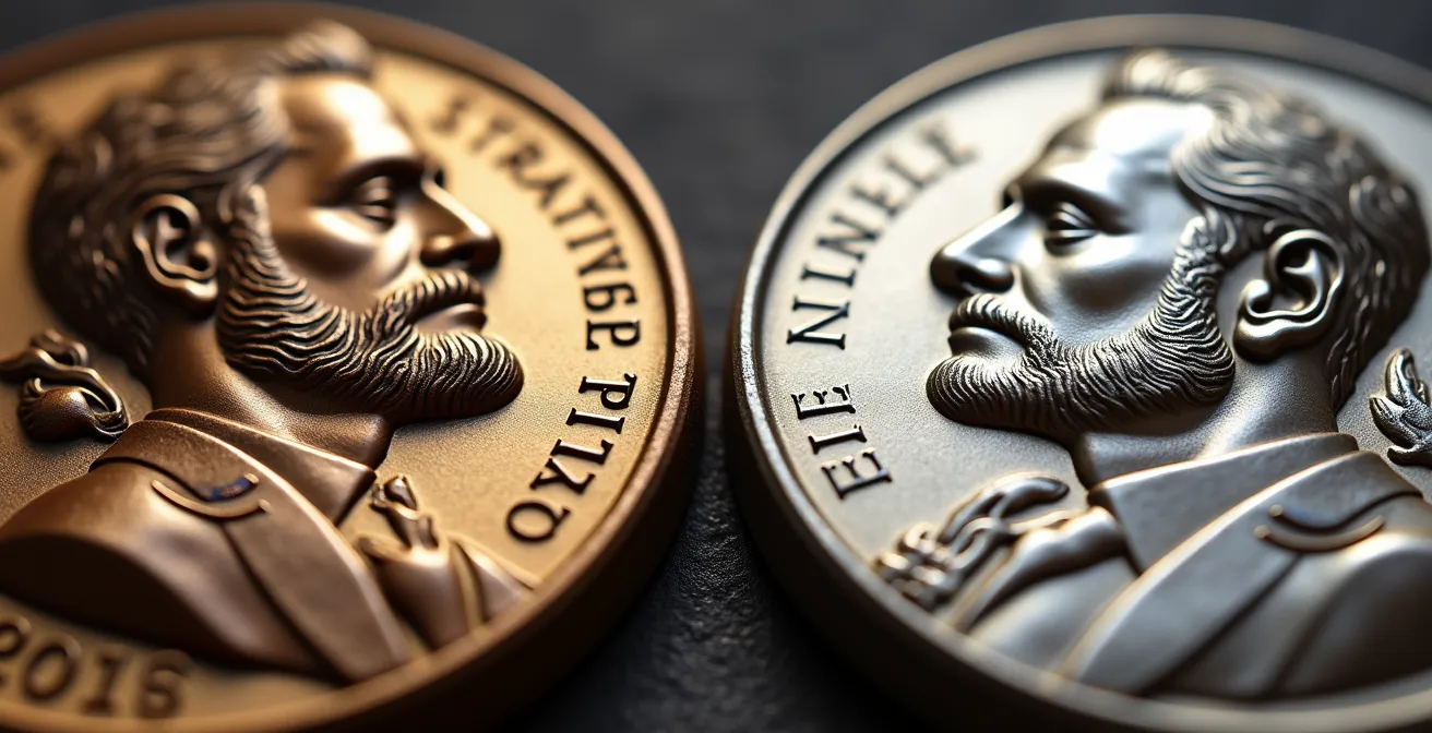 Détail macro comparatif entre médaille en bronze florentin et argent massif