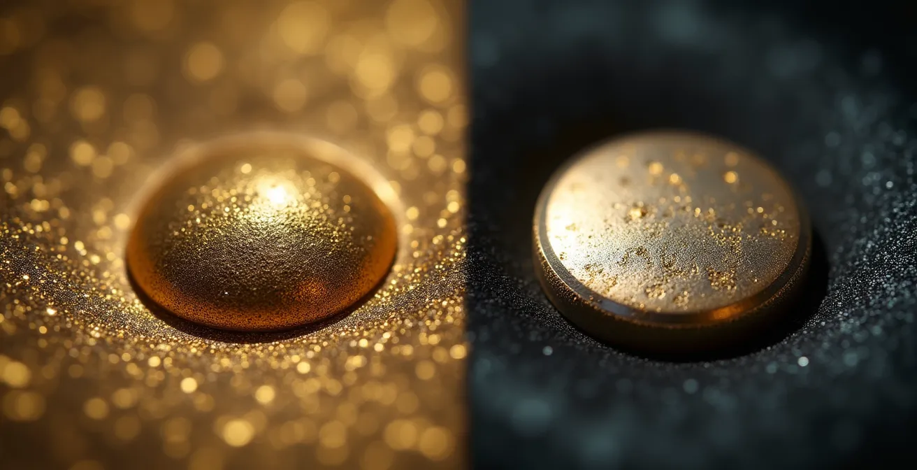 Vue macro comparative montrant la texture de surface entre dorure au mercure et galvanoplastie