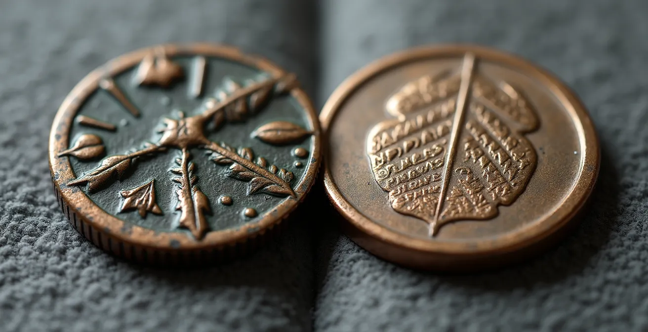 Comparaison de deux monnaies romaines en bronze, l'une avec patine naturelle, l'autre nettoyée à l'excès