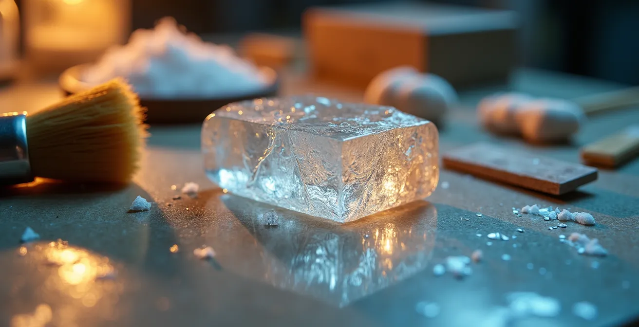 Matériel de conservation préventive pour cristal ancien dans un atelier de restauration français