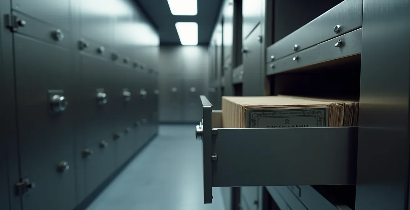 Vue d'ensemble minimaliste d'un coffre-fort entrouvert dans un environnement bancaire sécurisé
