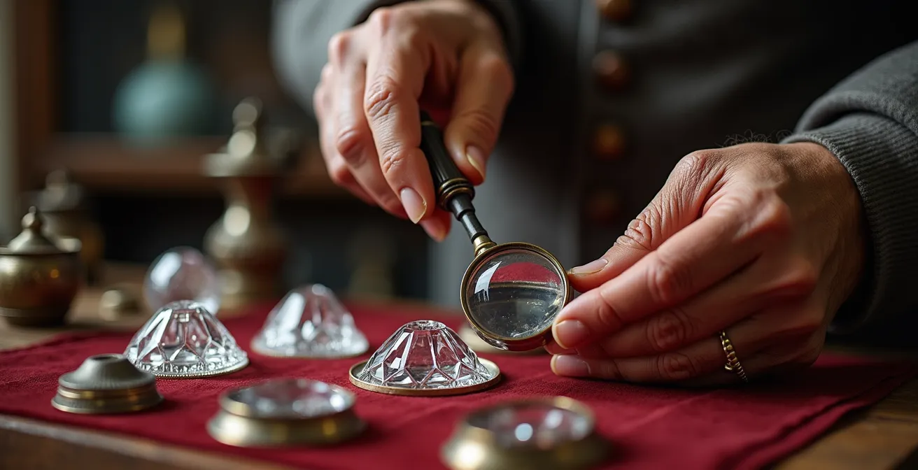 Détails d'authentification sur cristal ancien avec poinçons et usure noble