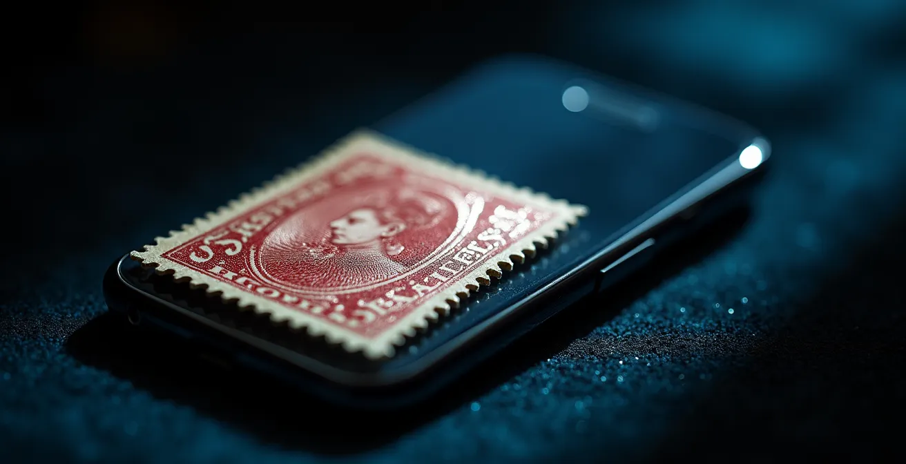 Technique d'examen d'une gomme de timbre avec lumière rasante d'écran de smartphone révélant les irrégularités