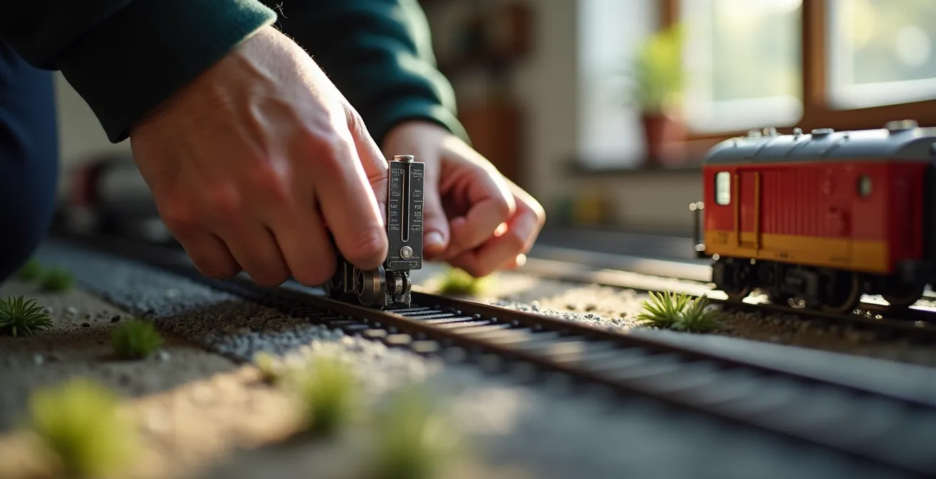 Vue rapprochée d'un wagon de contrôle de gabarit SNCF vérifiant l'alignement des rails sur un réseau HO