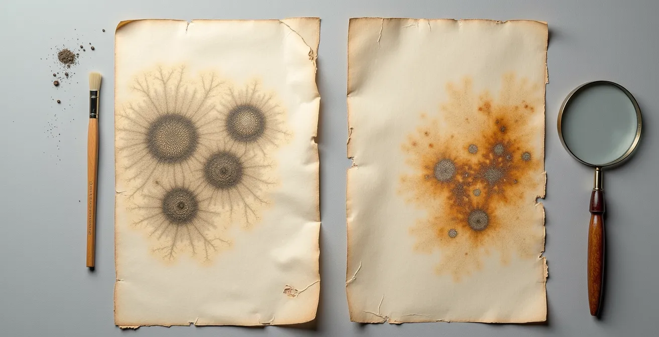 Comparaison visuelle entre piqûres de champignon et rousseurs d'oxydation sur papier ancien