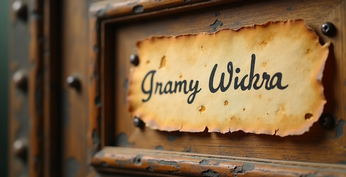 Vue macro d'une étiquette ancienne jaunie au dos d'un cadre en bois avec détails de texture et patine