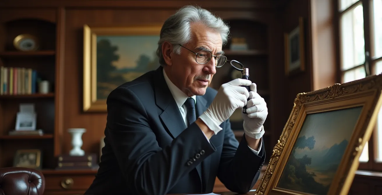 Expert en art examinant un tableau ancien avec une loupe dans un bureau élégant