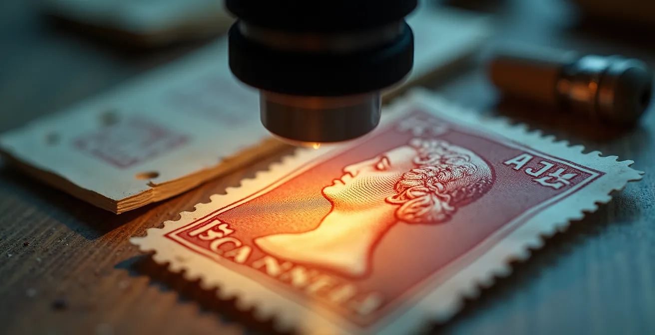 Gros plan d'une loupe examinant les détails microscopiques d'un timbre ancien avec éclairage spécialisé