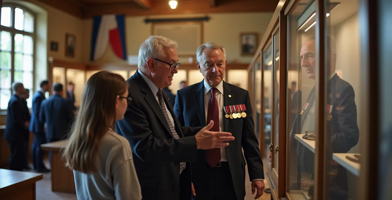 Salle d'exposition municipale avec vitrines d'objets historiques lors d'une commémoration