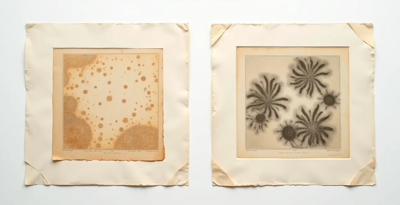 Comparaison visuelle entre foxing et moisissures sur papier ancien de gravures françaises