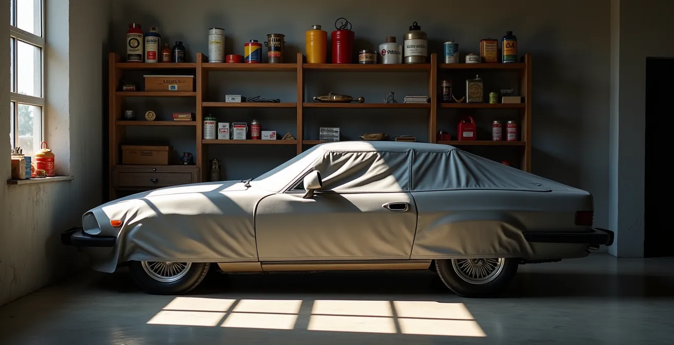 Voiture de collection des années 80 sous housse dans un box sécurisé avec équipements d'entretien