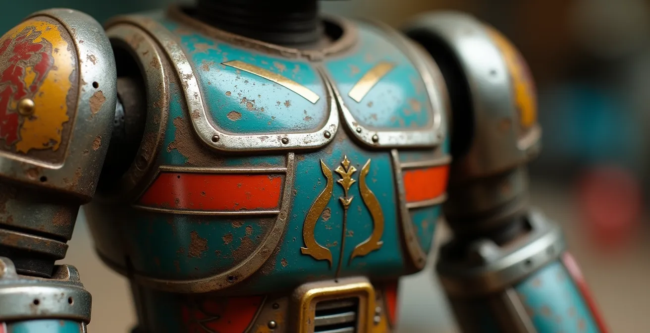 Gros plan sur les détails d'identification d'un Goldorak vintage montrant marquages et matériaux