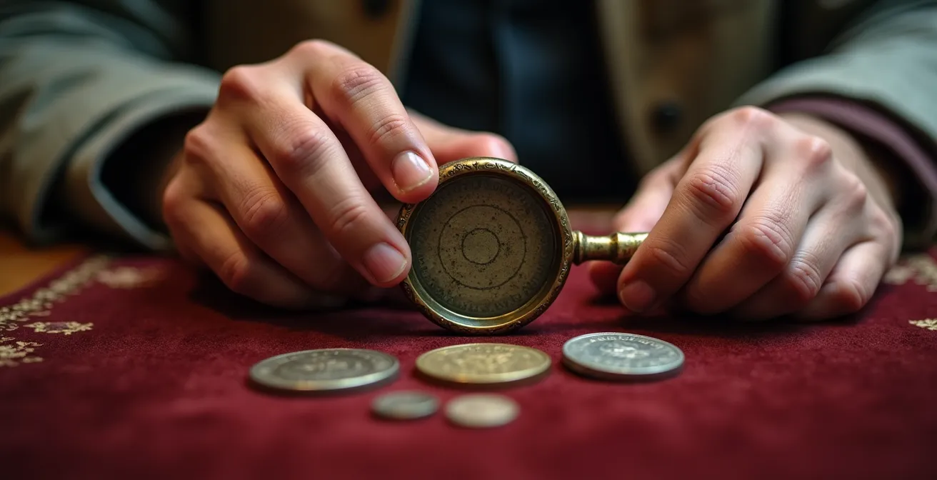 Gros plan sur trois écus montrant l'emplacement des lettres d'atelier