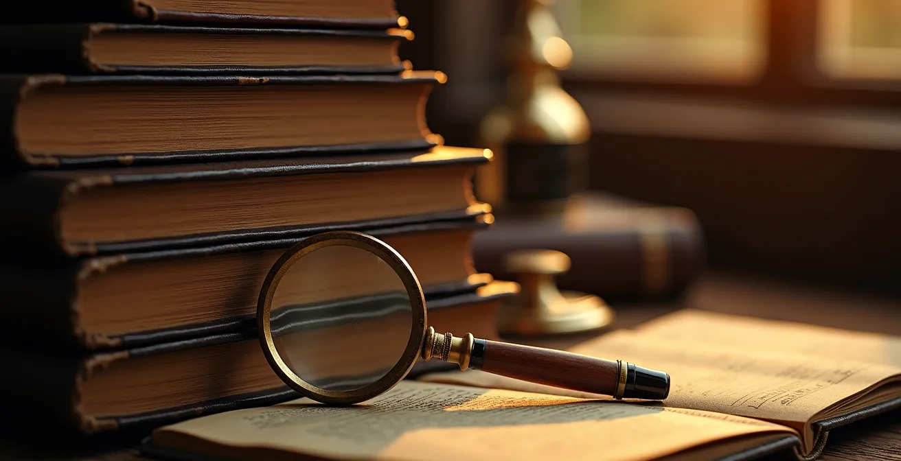 Bureau ancien avec registres reliés cuir et loupe posée sur documents d'archives