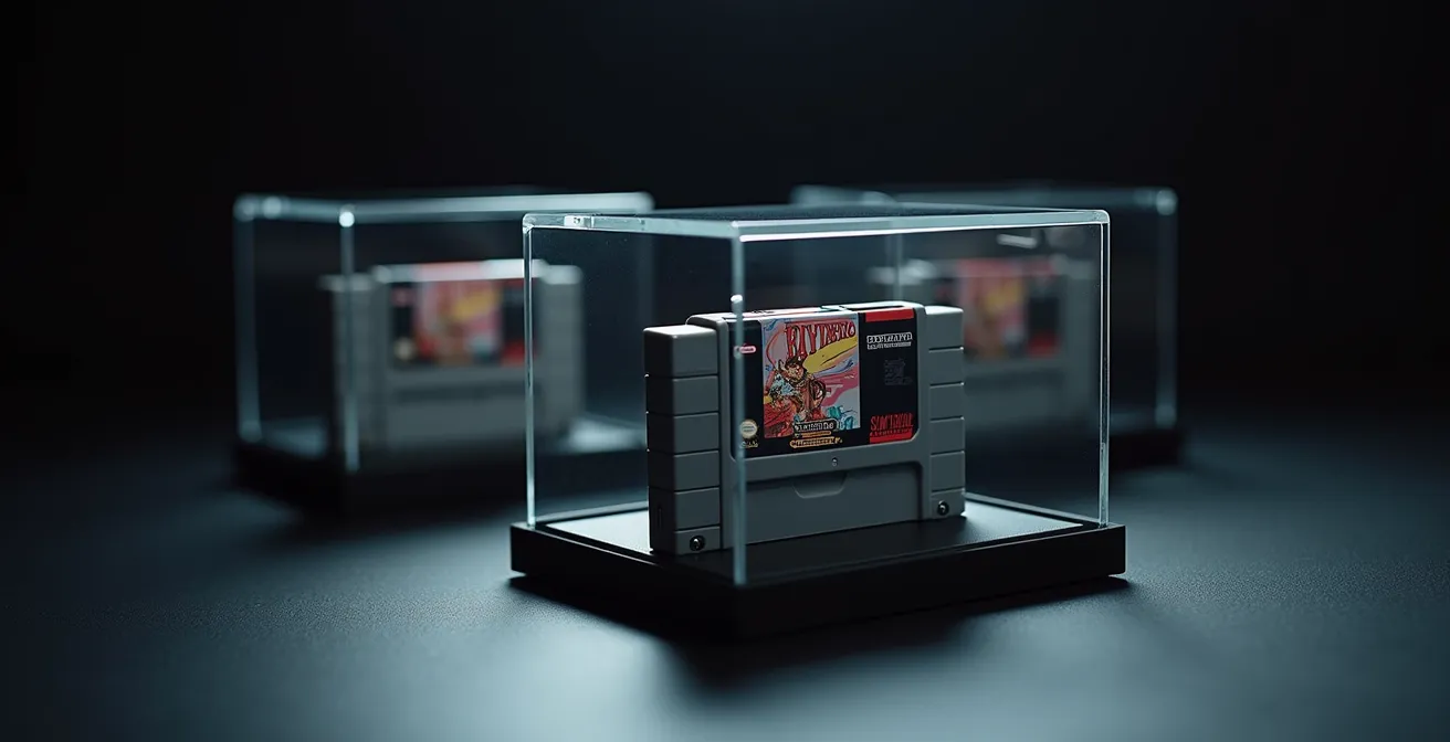 Collection de jeux vidéo rétro sous protection plastique dans un environnement contrôlé