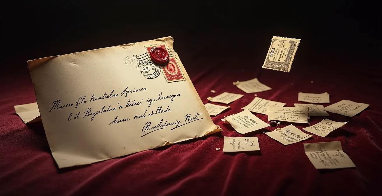 Comparaison visuelle d'une lettre ancienne conservée intacte versus timbre décollé