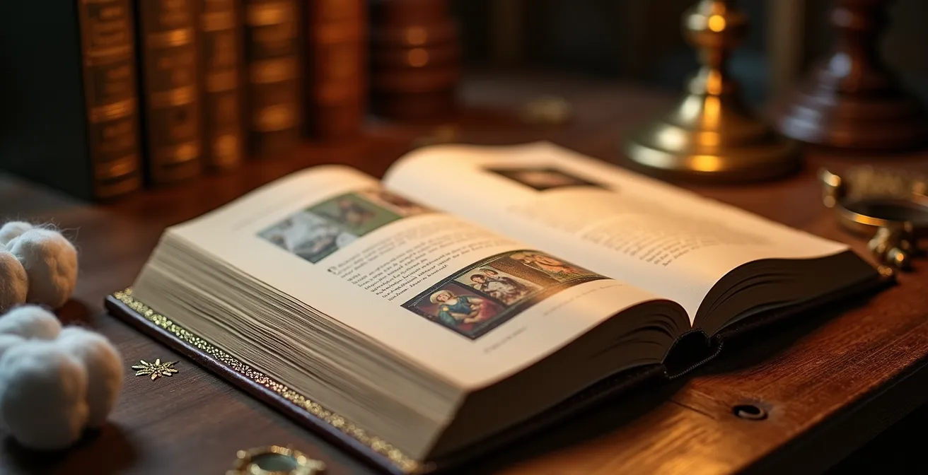 Un catalogue raisonné ouvert sur une table de bibliothèque avec des objets de collection