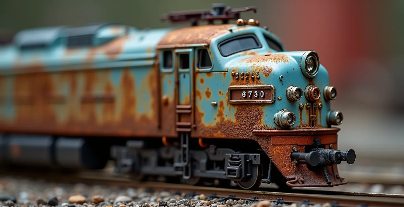 Gros plan macro sur une locomotive BB 67400 patinée montrant les traces d'usure et de rouille réalistes