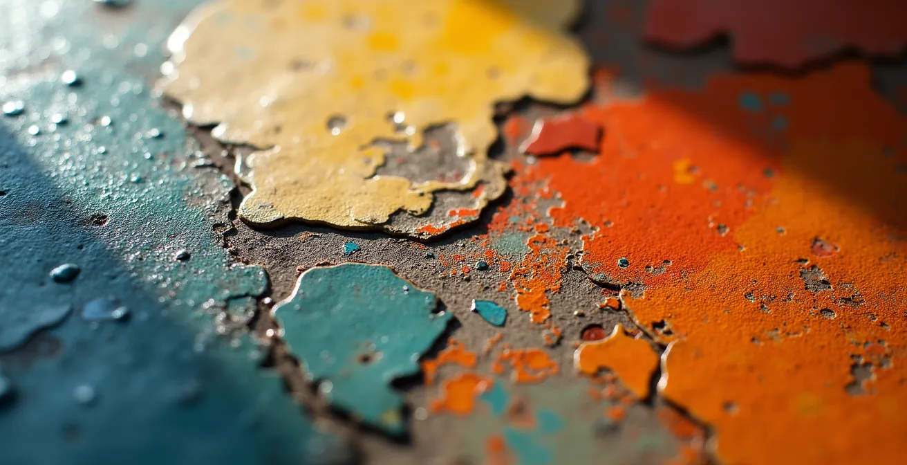 Démonstration de l'examen d'un tableau ancien avec une lumière rasante révélant les irrégularités de surface