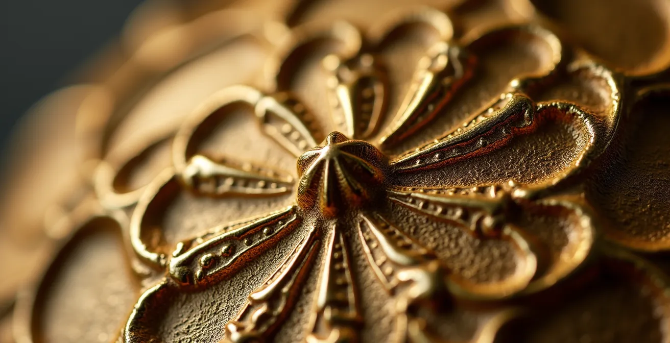 Détail macro de ciselure sur bronze doré montrant les irrégularités caractéristiques du travail manuel