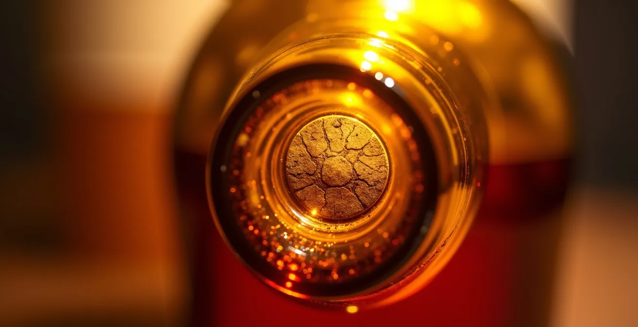 Coupe transversale d'une bouteille de vin montrant les différents niveaux de remplissage