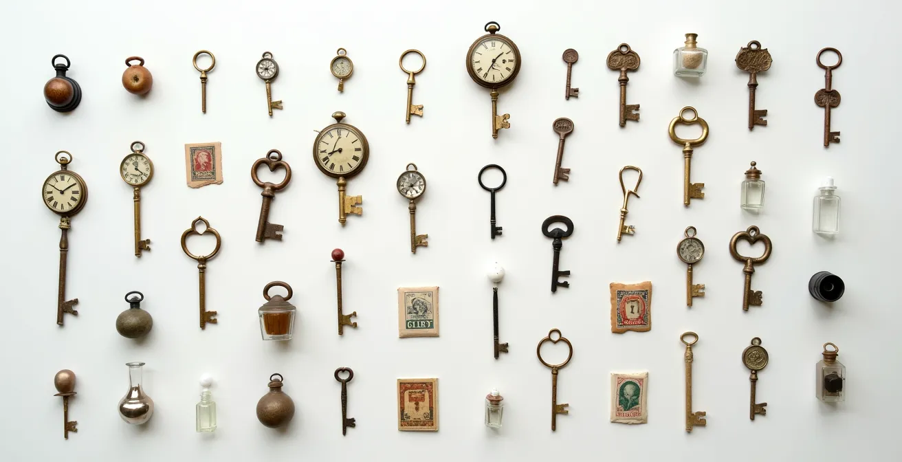 Vue aérienne d'objets de collection disposés selon un système de classification sur surface neutre