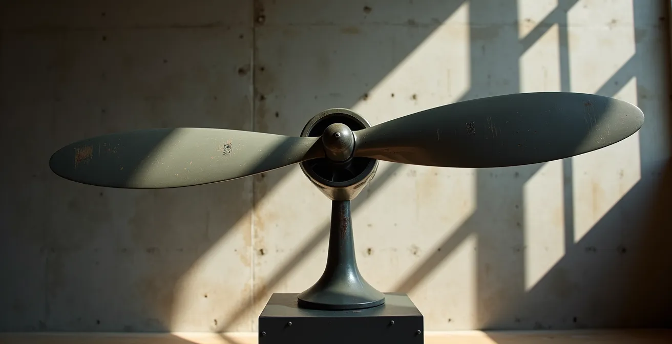 Pale d'hélice d'avion vintage montée sur socle professionnel dans un intérieur contemporain