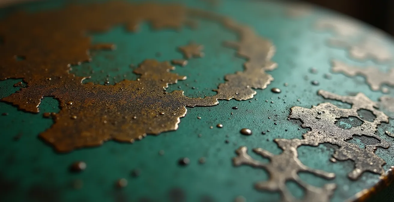 Détail rapproché d'une sculpture en bronze montrant la patine verte naturelle et les variations de texture