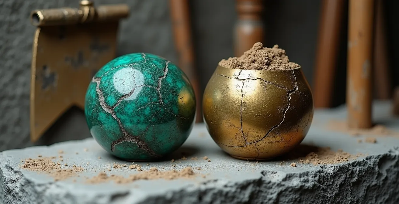 Comparaison visuelle entre patine naturelle cristalline et patine artificielle poudreuse sur bronze