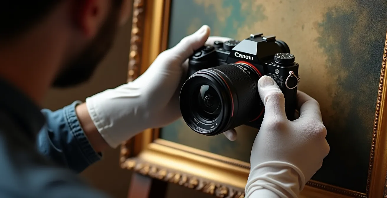 Photographe professionnel capturant les détails d'un tableau ancien avec un appareil macro