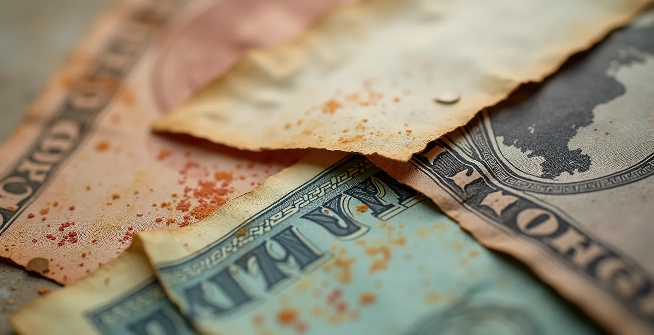 Détail macro d'un billet ancien français montrant les plis et traces d'usure comme indicateurs de la vélocité monétaire