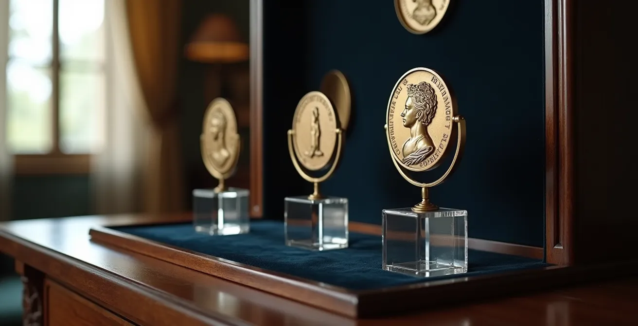 Système d'exposition de médailles avec miroirs inclinés dans un cabinet de collectionneur